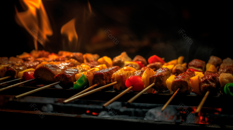 炭烧烧烤肉串青椒蒜瓣烤肉,高清,摄影图,摄影图片,图片大全,摄影图免费下载